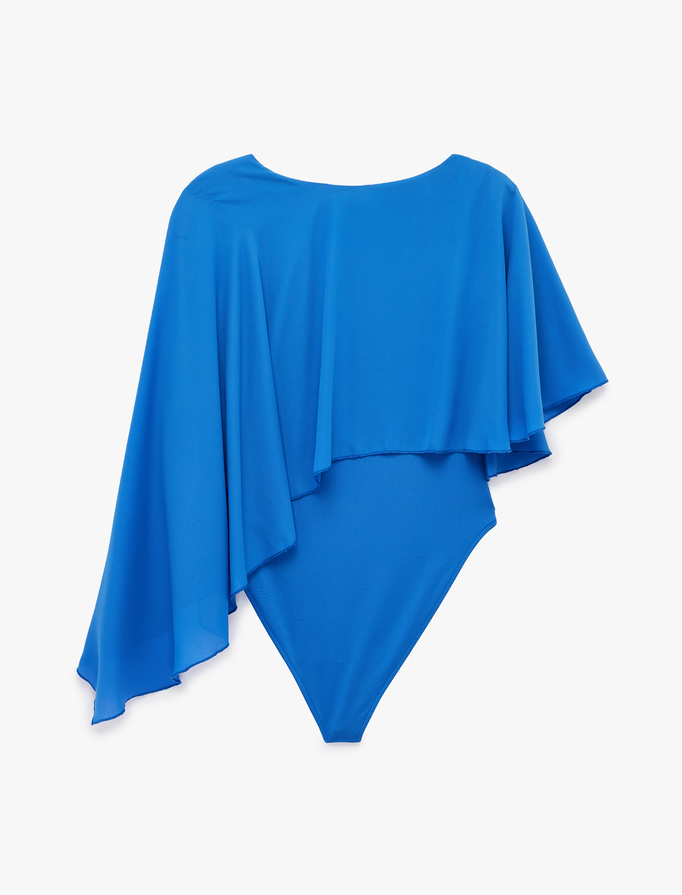   Slim Fit Yuvarlak Yaka Tül Detaylı Asimetrik Kesim Pelerin Bodysuit