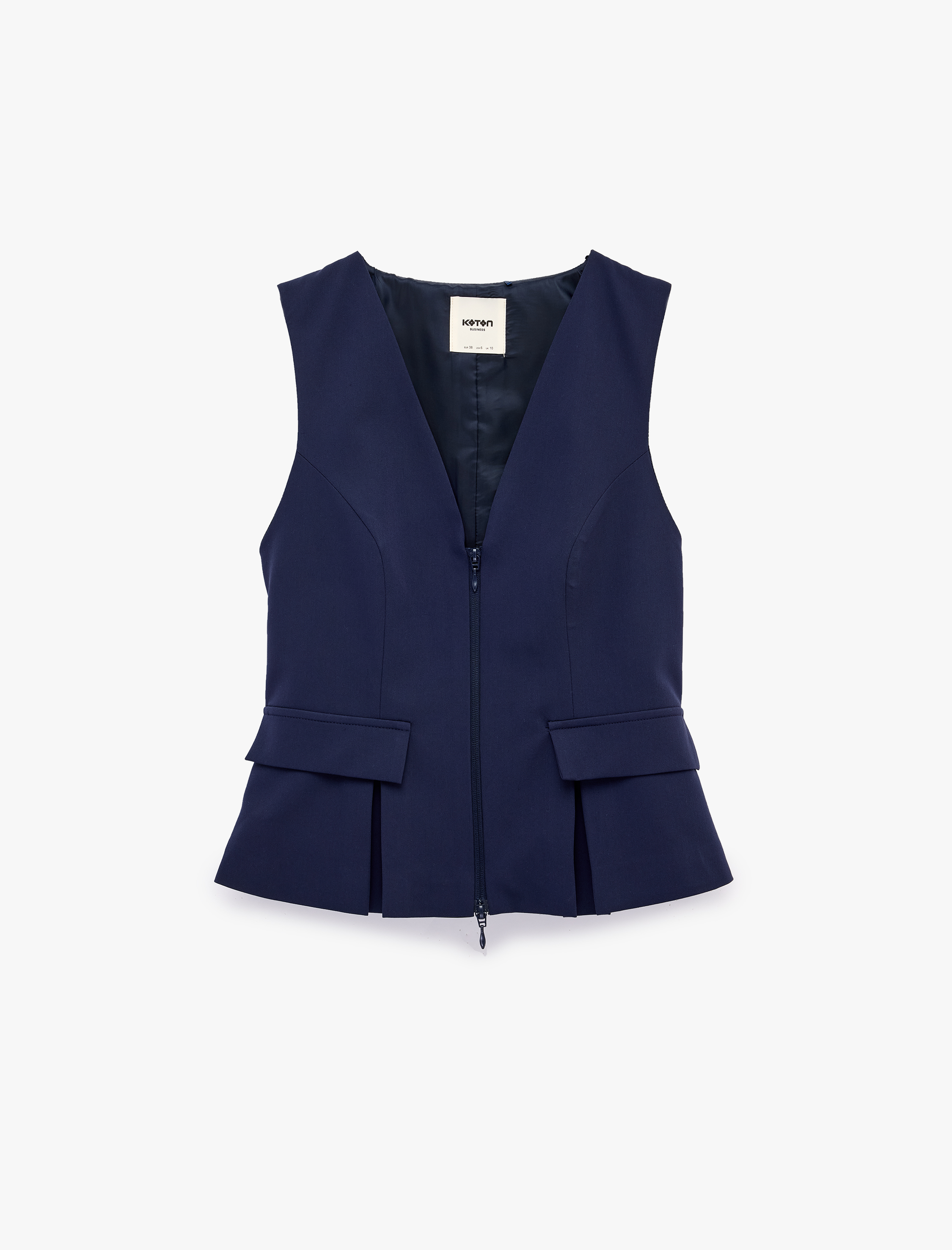   Cep Detaylı Fermuarlı Kolsuz V Yaka Peplum Yelek