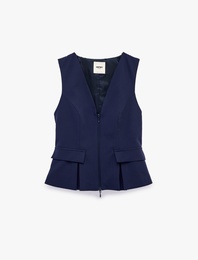 Cep Detaylı Fermuarlı Kolsuz V Yaka Peplum Yelek