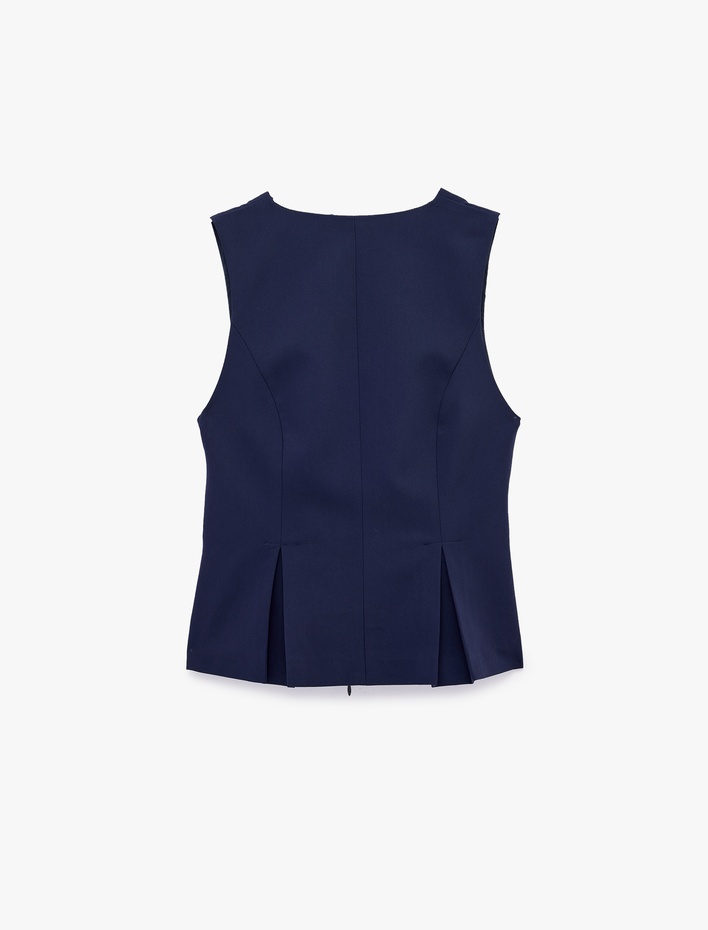  Cep Detaylı Fermuarlı Kolsuz V Yaka Peplum Yelek