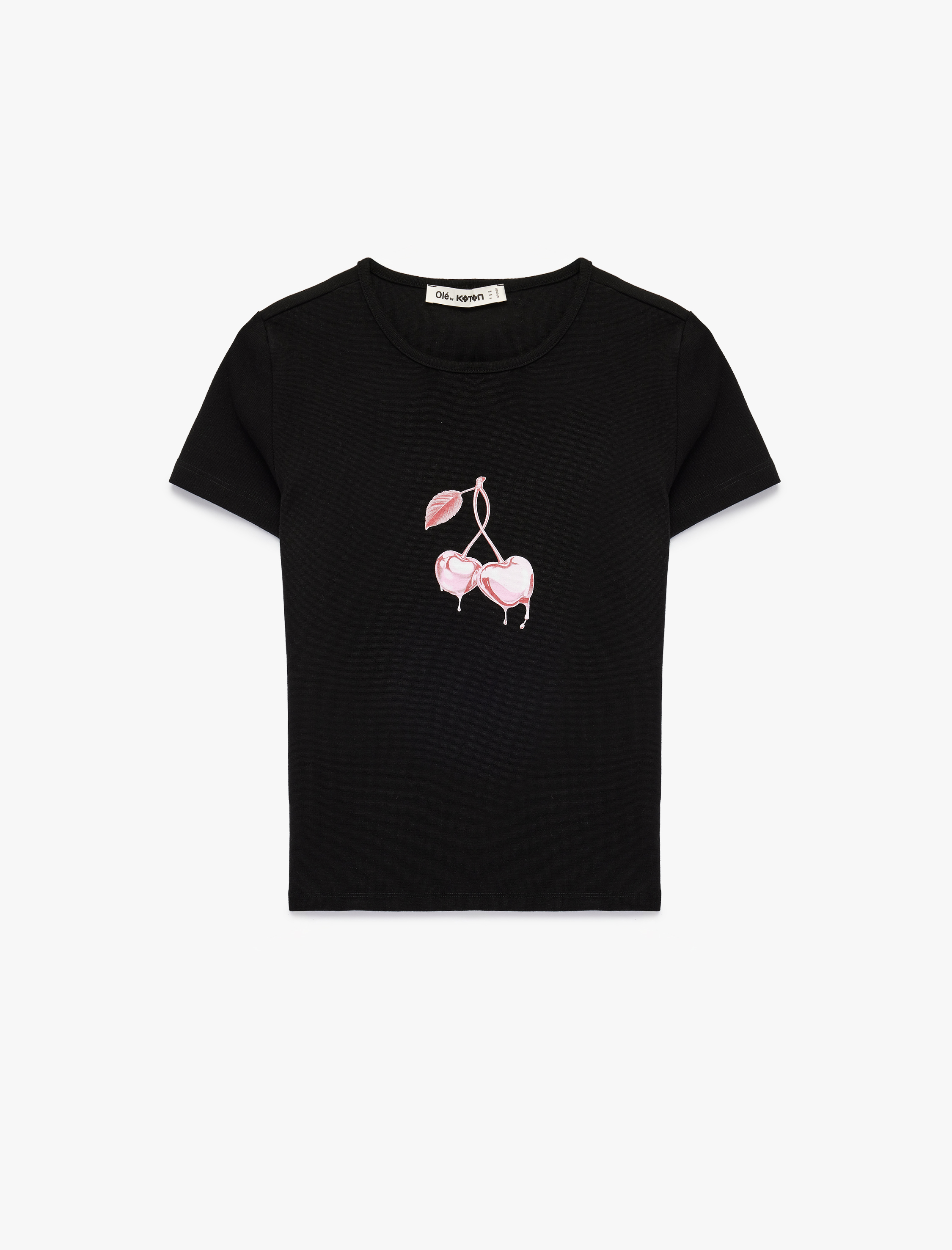   Slim Fit Kısa Kollu Bisiklet Yaka Kiraz Baskılı Crop Tişört