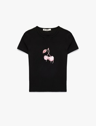 Slim Fit Kısa Kollu Bisiklet Yaka Kiraz Baskılı Crop Tişört