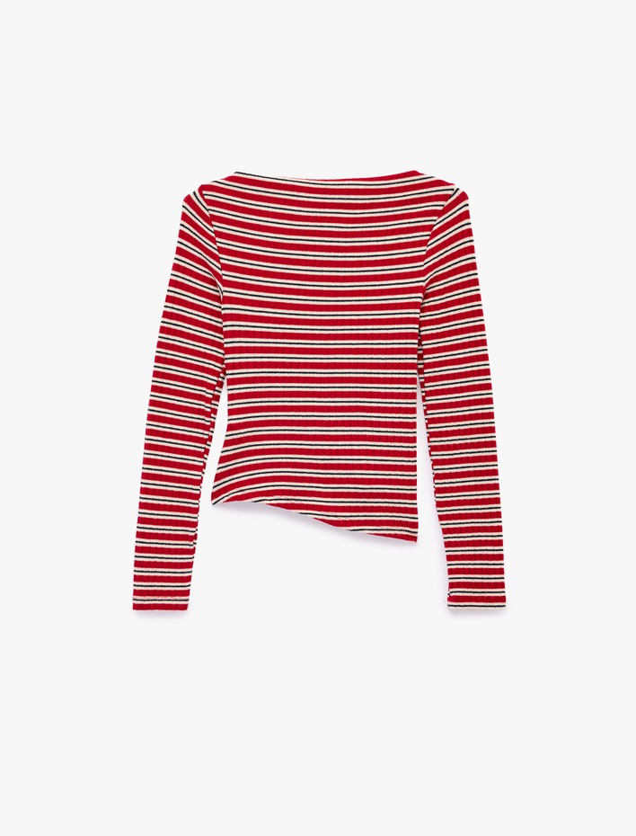  Çizgili Asimetrik Kesim Kayık Yaka Uzun Kollu Bluz