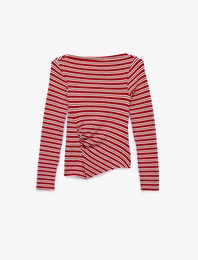 Çizgili Asimetrik Kesim Kayık Yaka Uzun Kollu Bluz