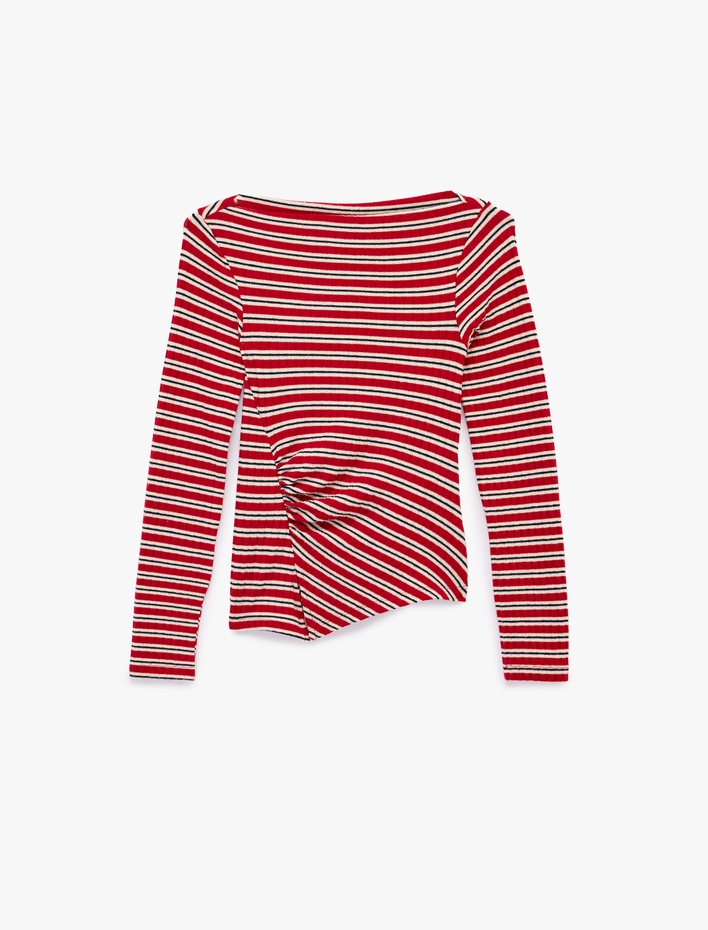  Çizgili Asimetrik Kesim Kayık Yaka Uzun Kollu Bluz