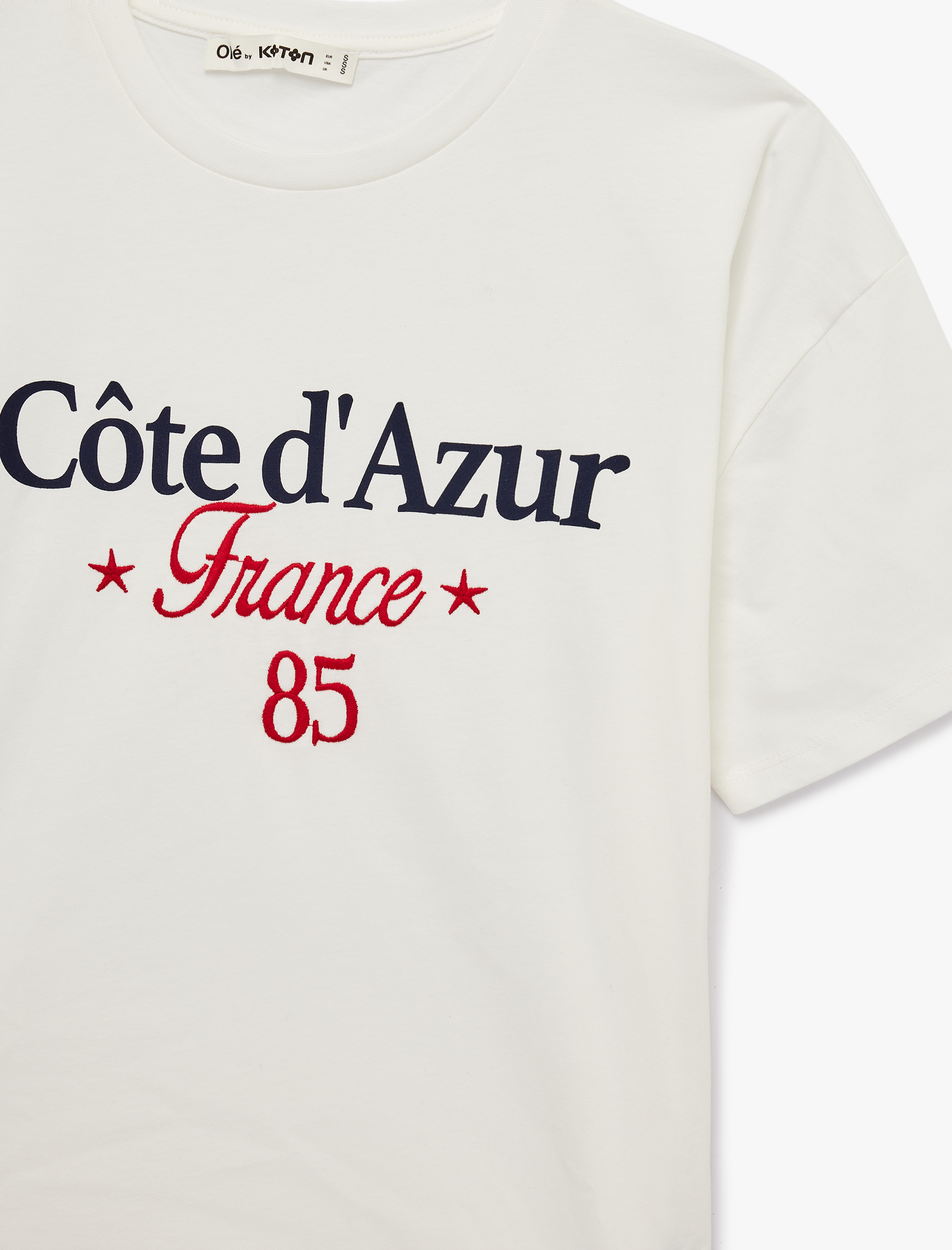   Rahat Kalıp Kısa Kollu Nakışlı Pamuklu Bisiklet Yaka Tişört