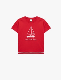 Baskılı Kısa Kollu Bisiklet Yaka Pamuklu Tişört