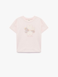 Çiçek Baskılı Kısa Kollu Bisiklet Yaka Pamuklu Tişört