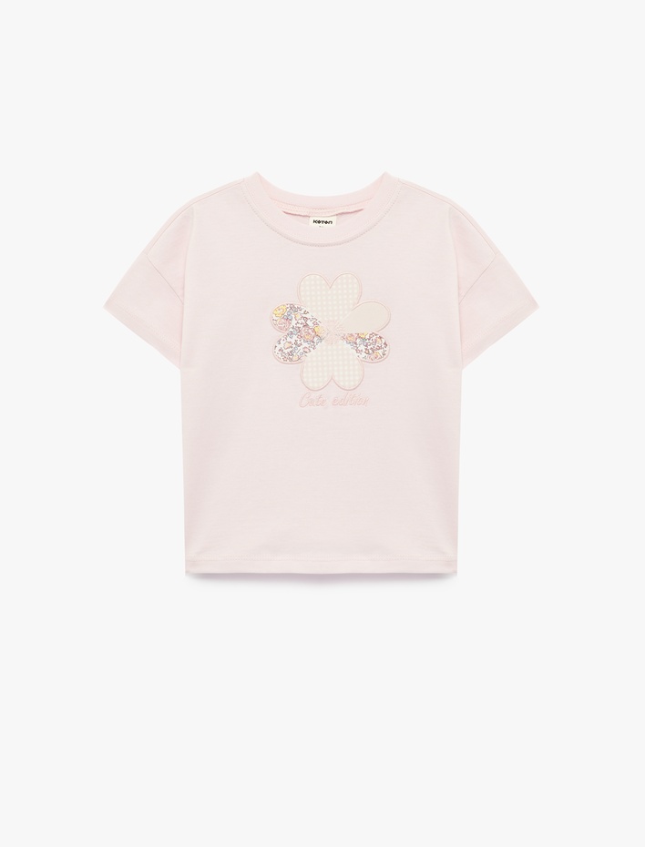 Kız Bebek Çiçek Baskılı Kısa Kollu Bisiklet Yaka Pamuklu Tişört