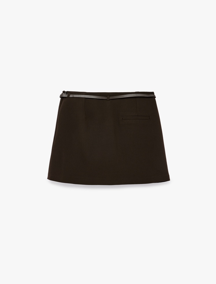  Viskon A Kesim Kemerli Şortlu Mini Etek