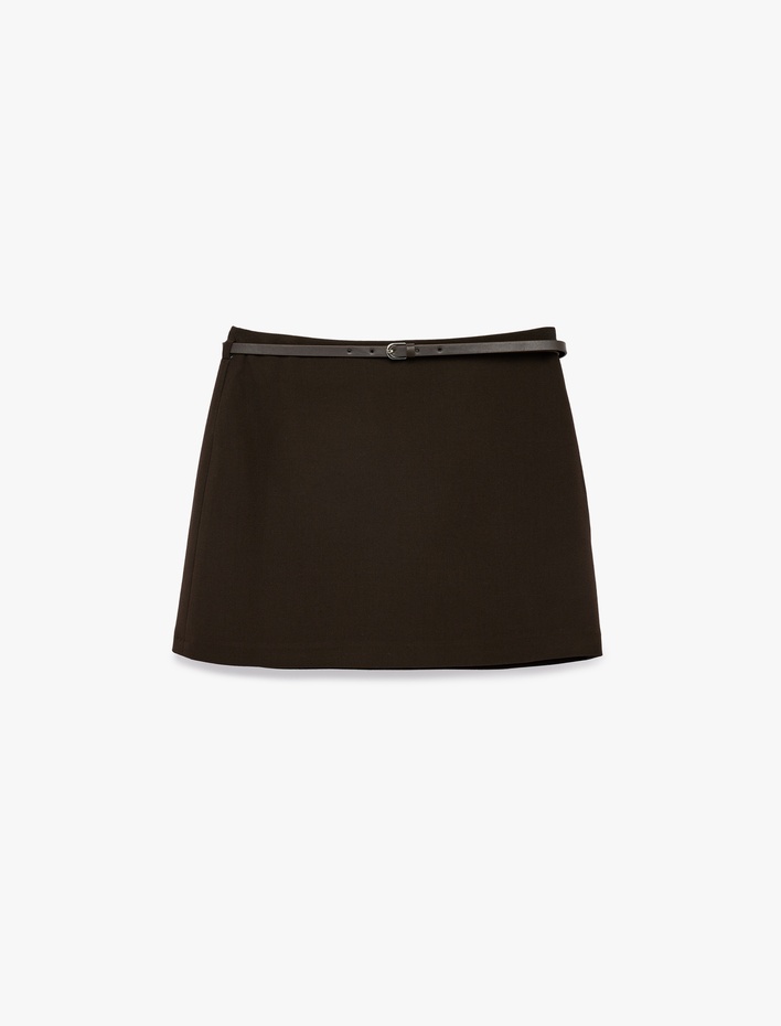  Viskon A Kesim Kemerli Şortlu Mini Etek