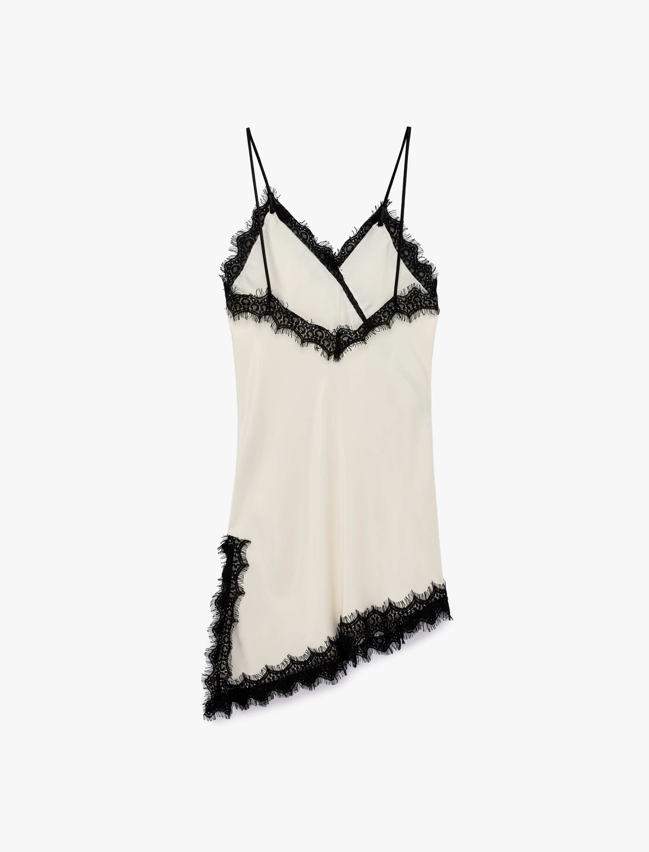   V Yaka İp Askılı Dantel Detaylı Asimetrik Kesim Midi Saten Elbise