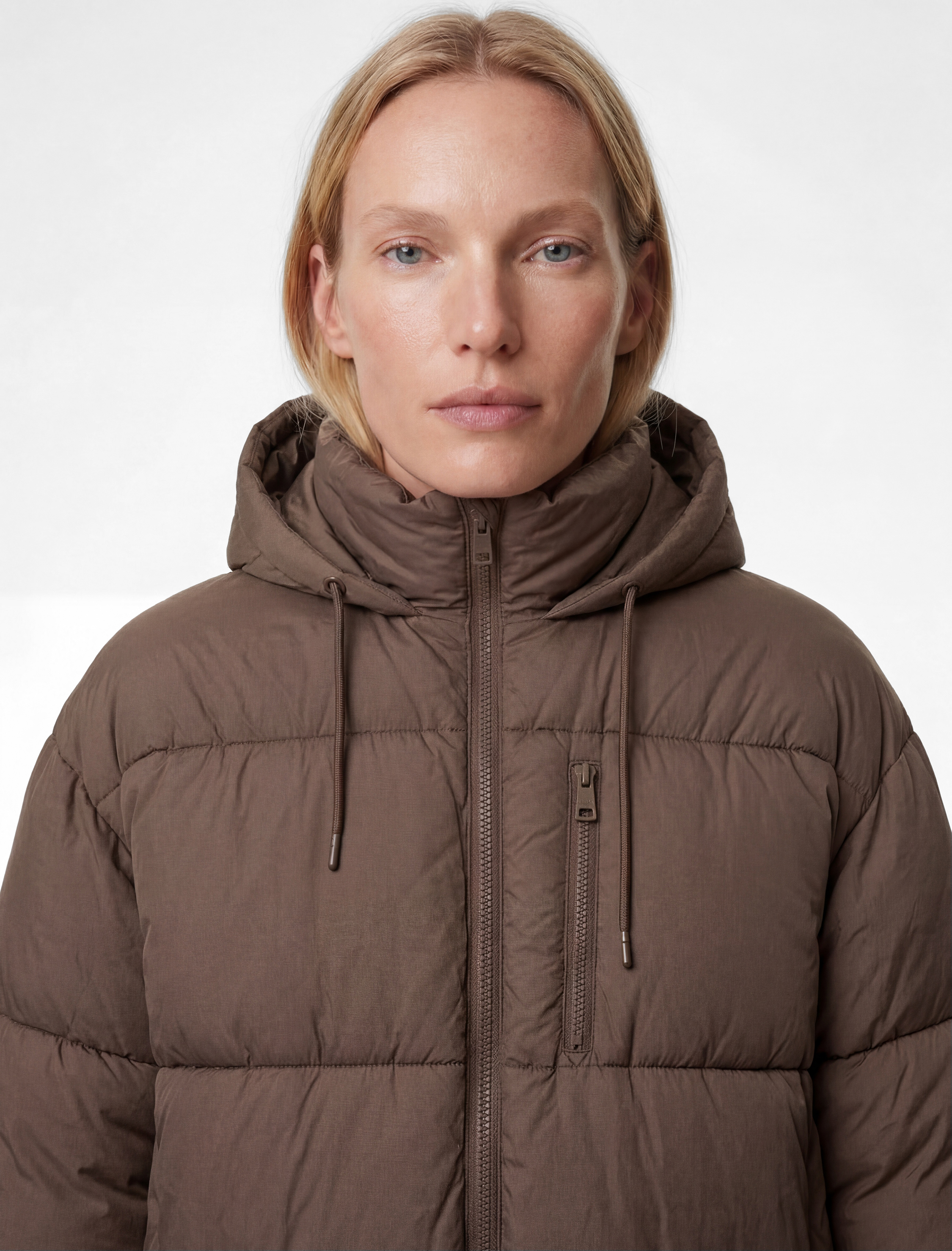   Uzun Kollu Fermuarlı Kapüşonlu Anorak Oversize Şişme Mont