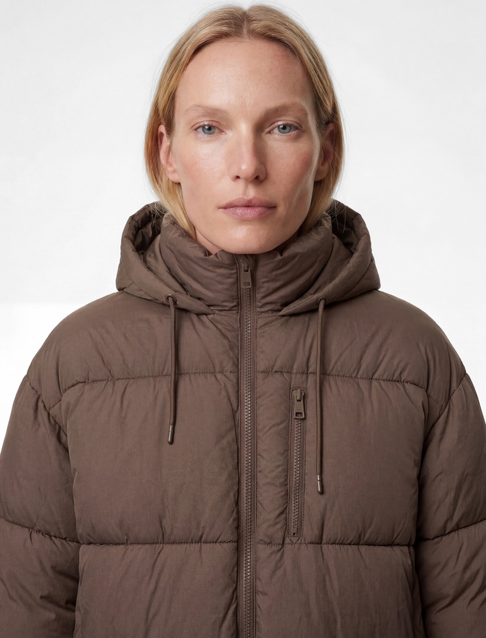  Uzun Kollu Fermuarlı Kapüşonlu Anorak Oversize Şişme Mont