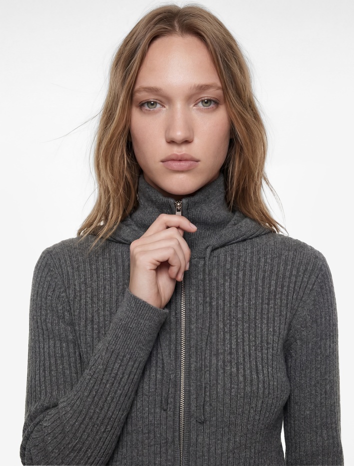  Fermuarlı Kapüşonlu Uzun Kollu Slim Fit Viskon Hırka