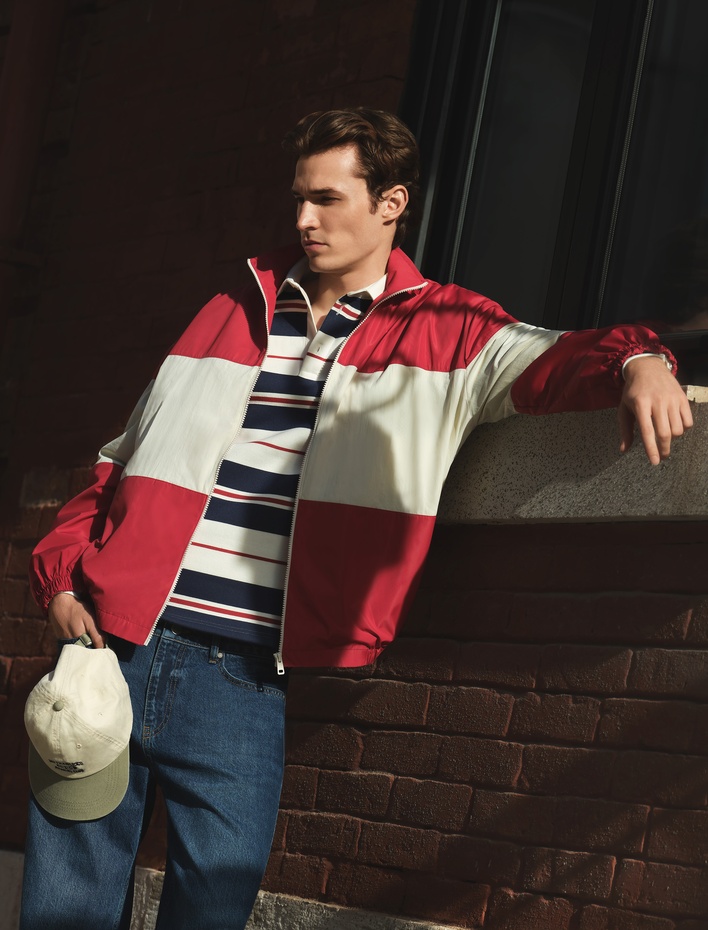  Uzun Kollu Üç İplik Şardonlu Çizgili Düğmeli Polo Yaka Sweatshirt