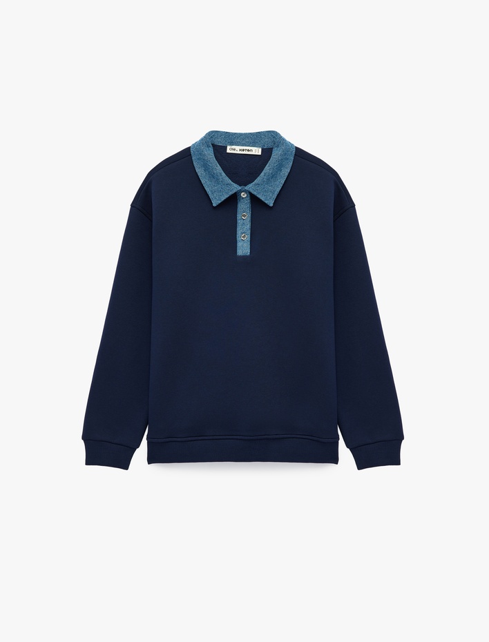  Düğmeli Uzun Kollu Rahat Kalıp Şardonlu Polo Yaka Sweatshirt