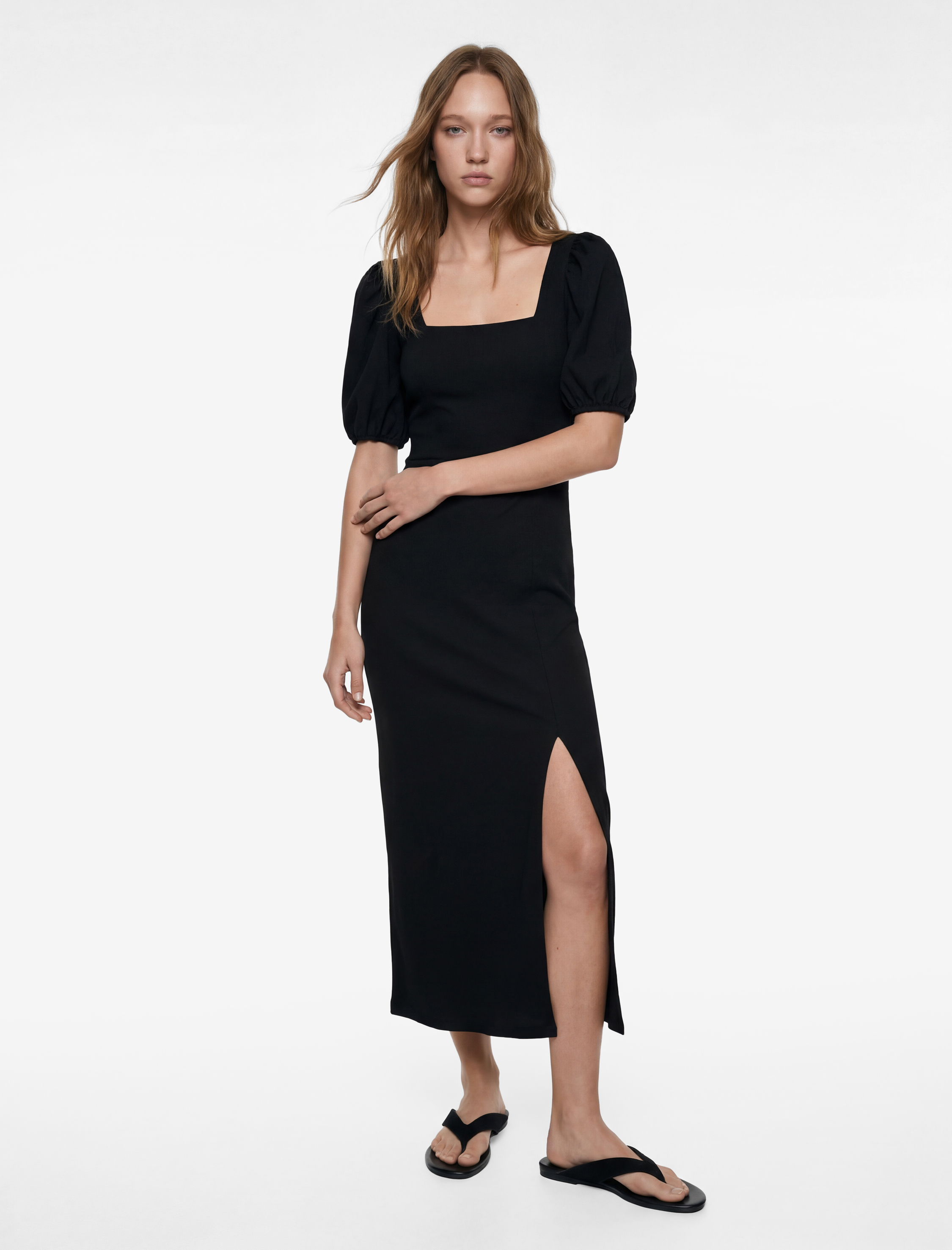   Balon Kol Kare Yaka Slim Fit Bürümcük Bodycon Midi Elbise