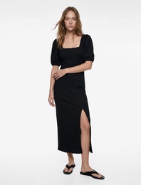 Balon Kol Kare Yaka Slim Fit Bürümcük Bodycon Midi Elbise