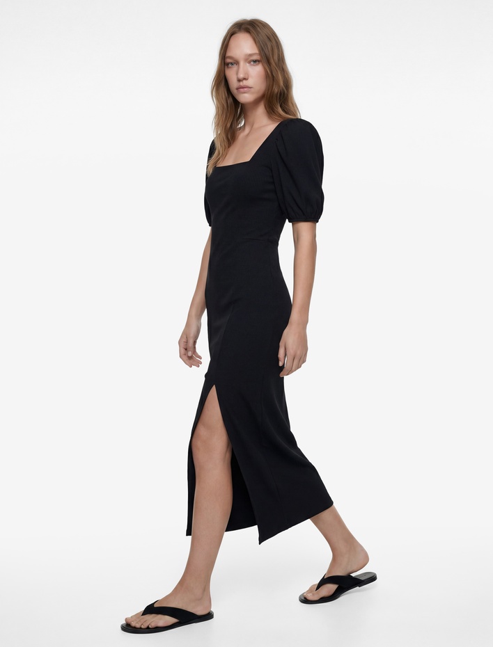  Balon Kol Kare Yaka Slim Fit Bürümcük Bodycon Midi Elbise