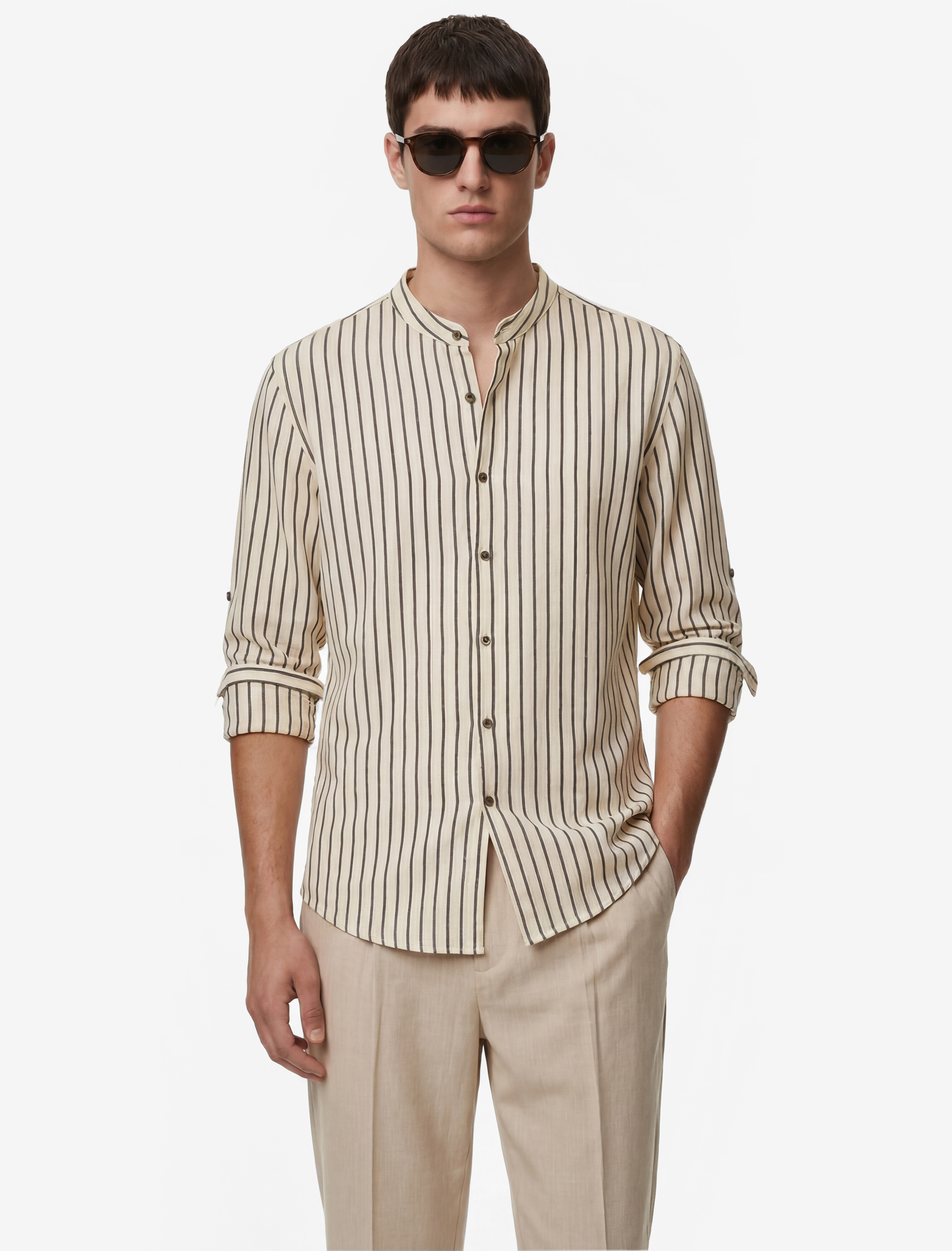 Uzun Kollu Regular Fit Pamuklu Hakim Yaka Çizgili Gömlek