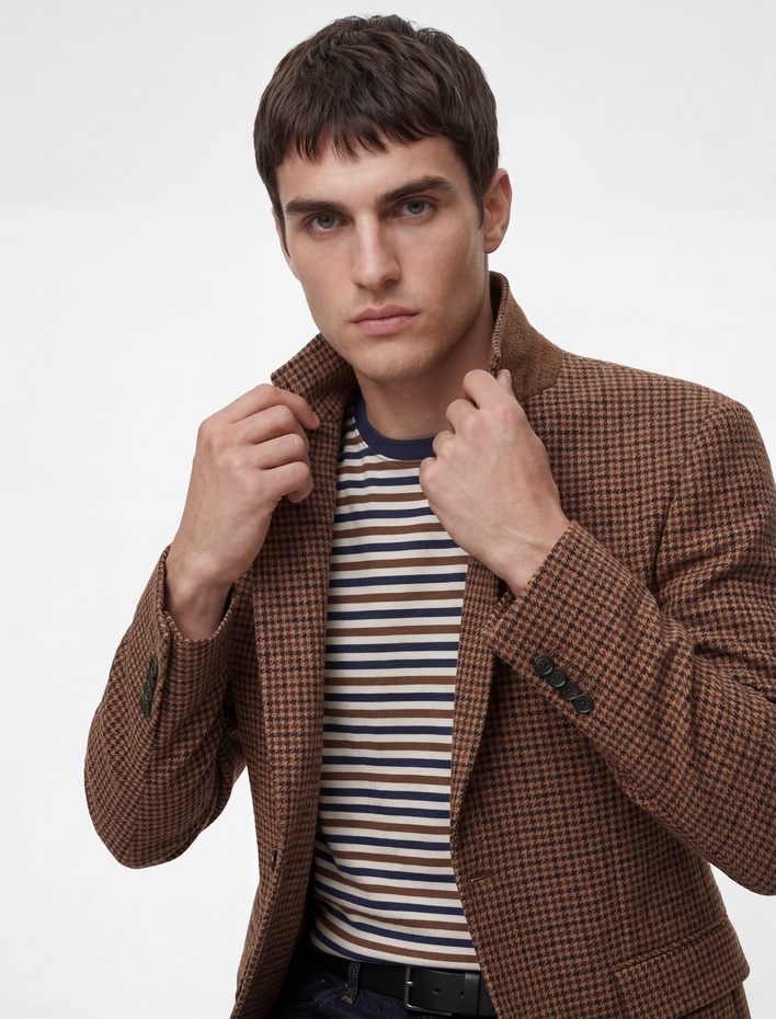  Regular Fit Uzun Kollu Kapaklı Cepli Ekose Desenli Mono Yaka Blazer Ceket