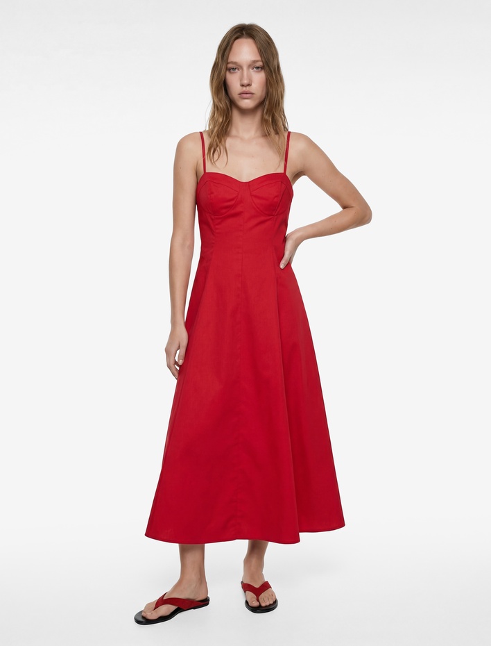  Slim Fit Kalp Yaka Kolsuz Pamuklu İp Askılı Volanlı Poplin Uzun Elbise