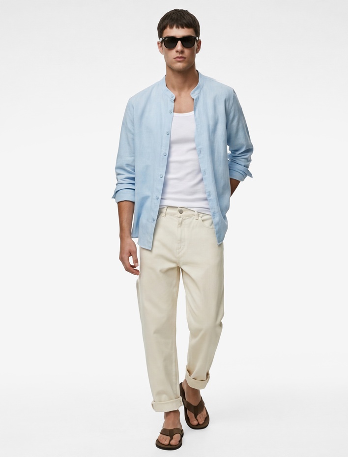  Pamuklu Regular Fit Düğme Detaylı Uzun Kollu Hakim Yaka Gömlek