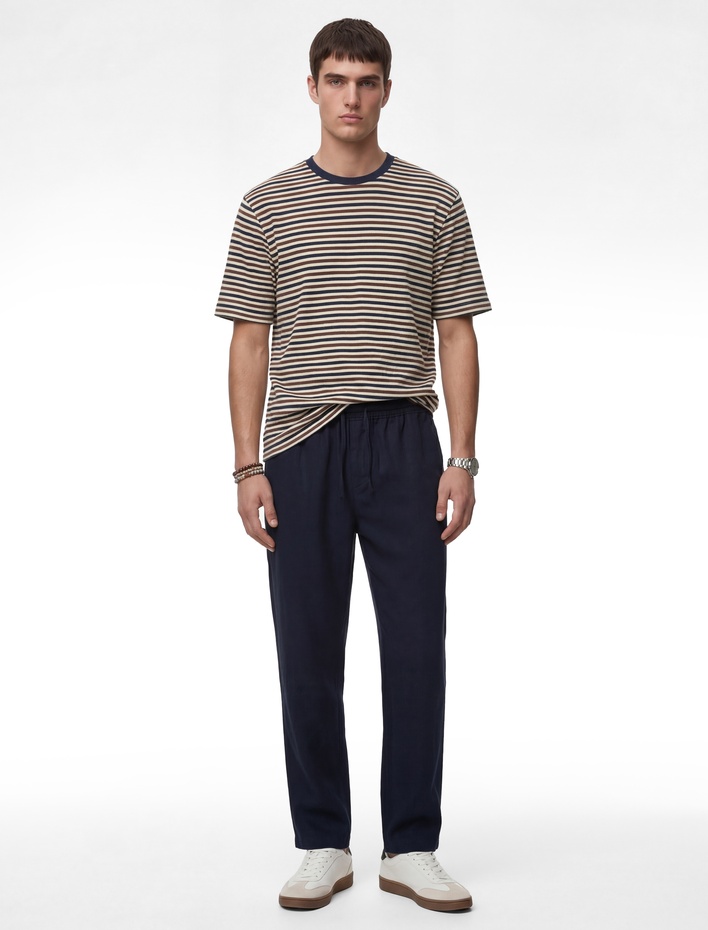  Regular Fit Bisiklet Yaka Kısa Kollu Çizgili Tişört