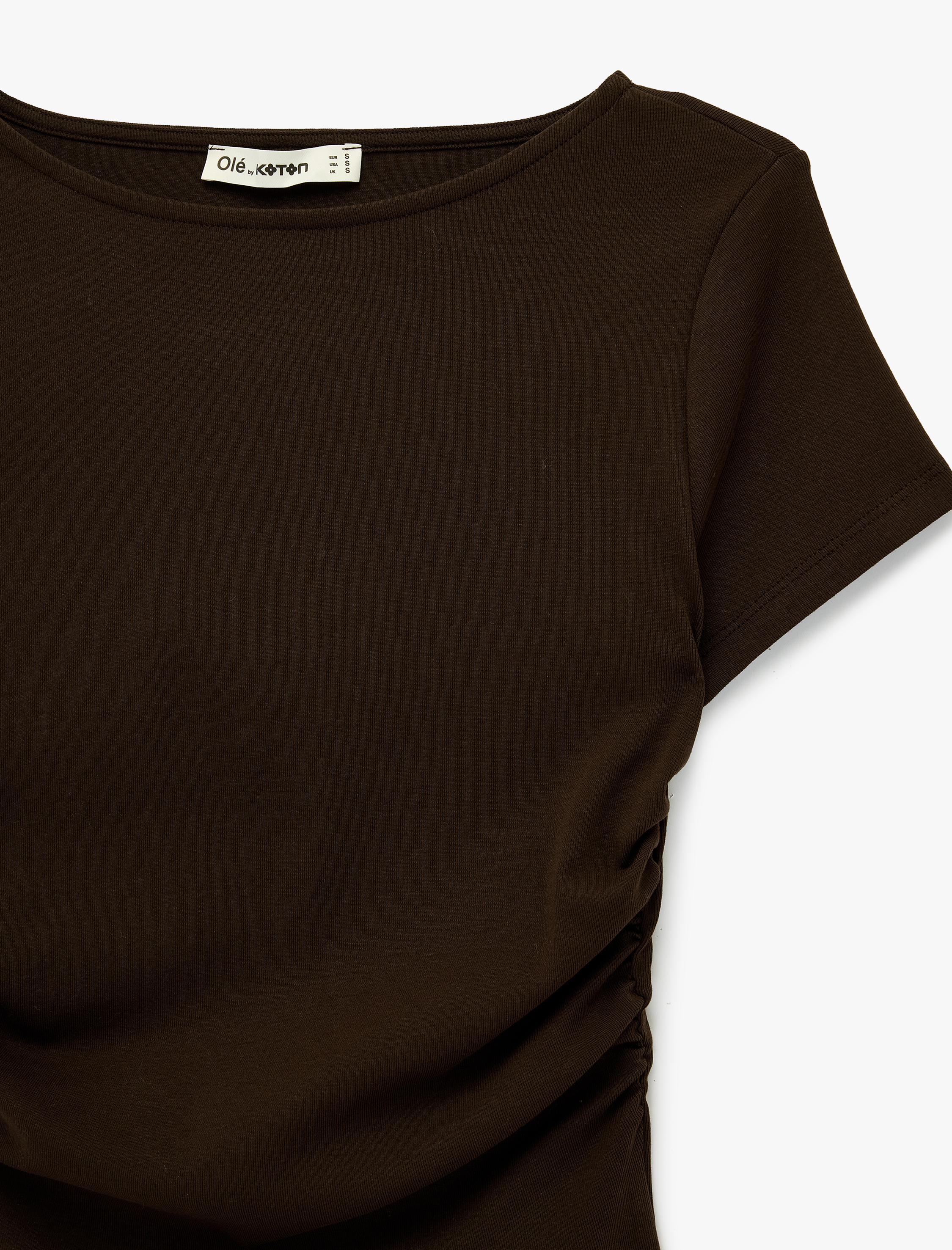   Slim Fit Drapeli Kısa Kollu Kayık Yaka Tişört