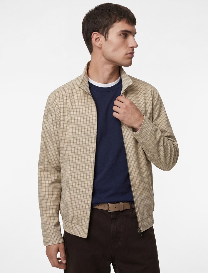  Uzun Kollu Cepli Pamuklu Dik Yaka Kareli Fermuarlı Ceket