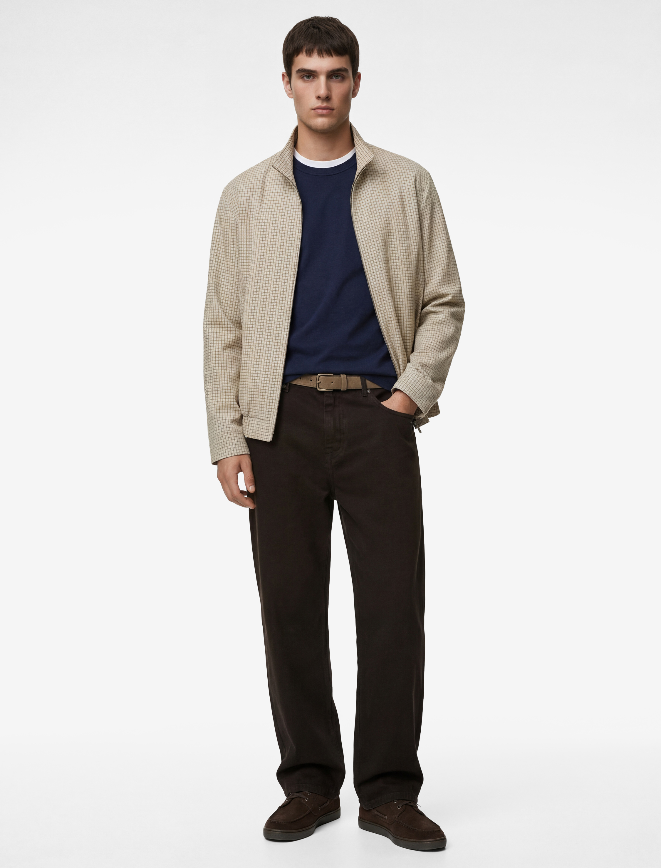 Uzun Kollu Cepli Pamuklu Dik Yaka Kareli Fermuarlı Ceket - Görsel 2