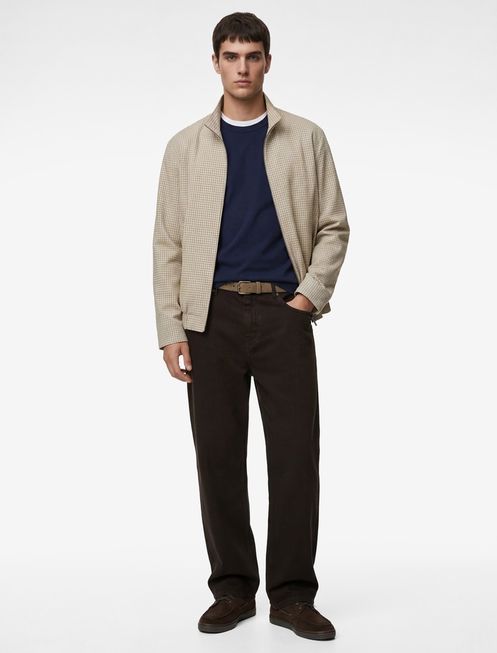  Uzun Kollu Cepli Pamuklu Dik Yaka Kareli Fermuarlı Ceket