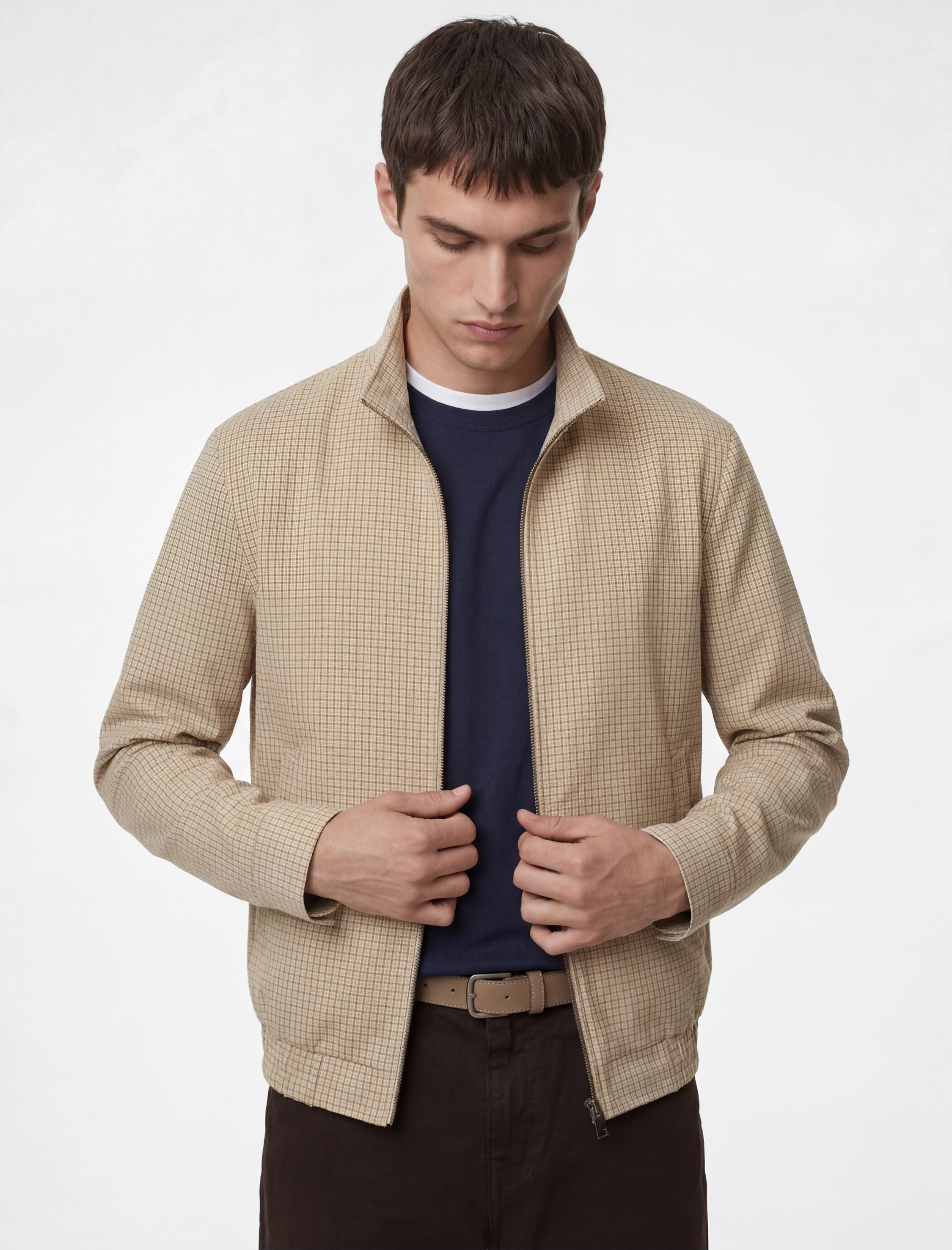 Uzun Kollu Cepli Pamuklu Dik Yaka Kareli Fermuarlı Ceket - Görsel 3