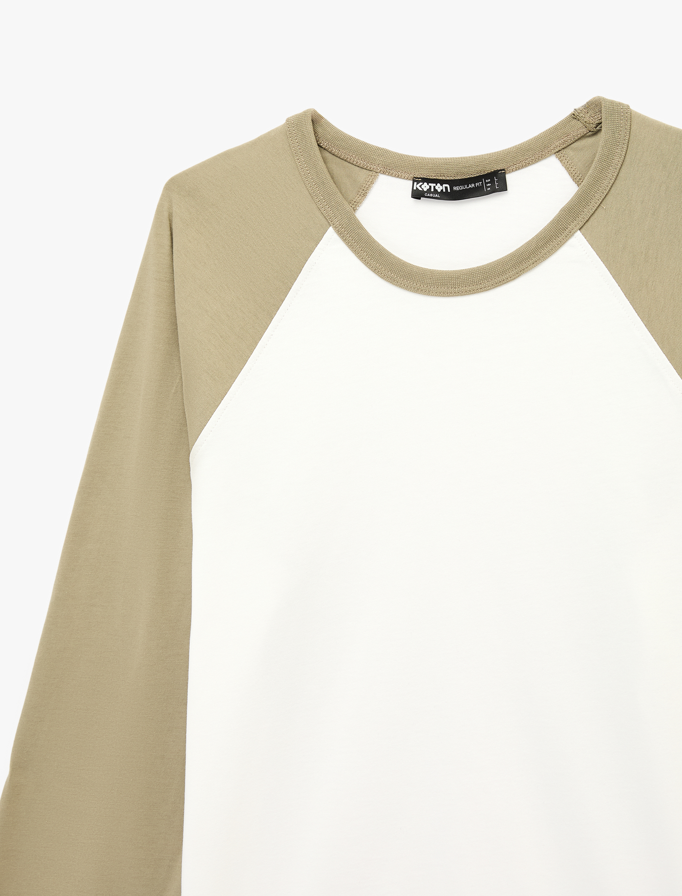   Regular Fit Pamuklu Bisiklet Yaka Renk Kontrastlı Reglan Uzun Kollu Tişört