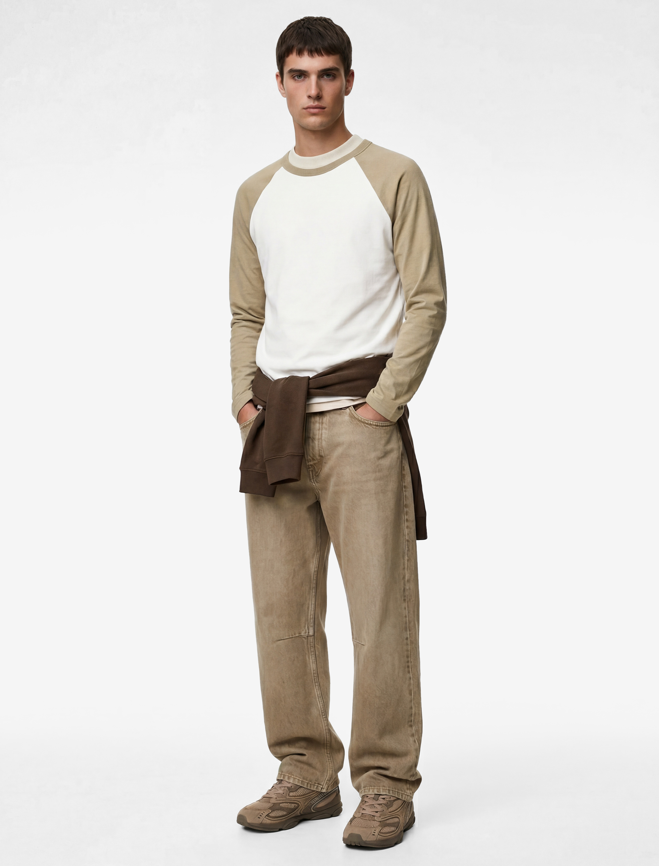   Regular Fit Pamuklu Bisiklet Yaka Renk Kontrastlı Reglan Uzun Kollu Tişört