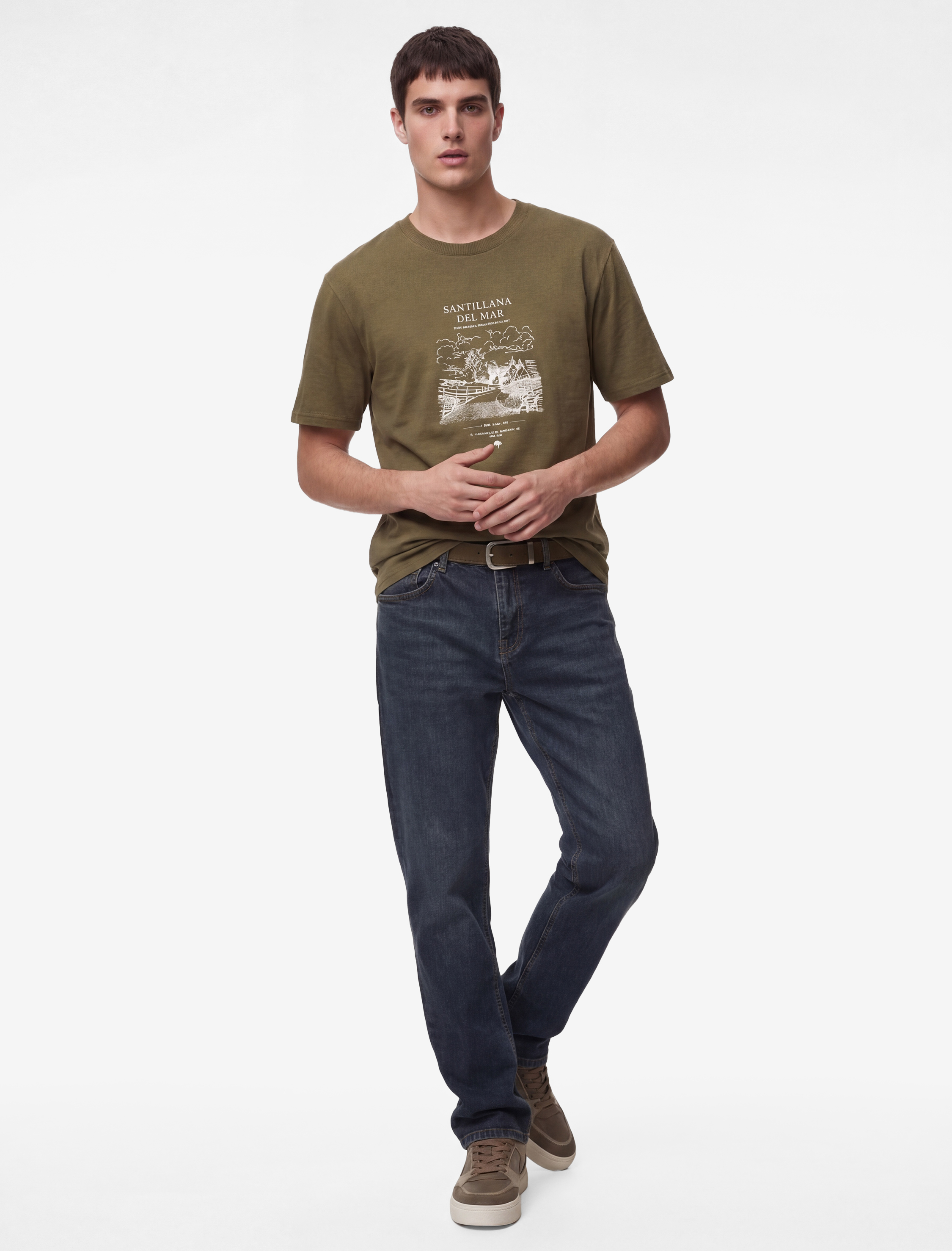   Pamuklu Kısa Kollu Bisiklet Yaka Baskılı Tişört