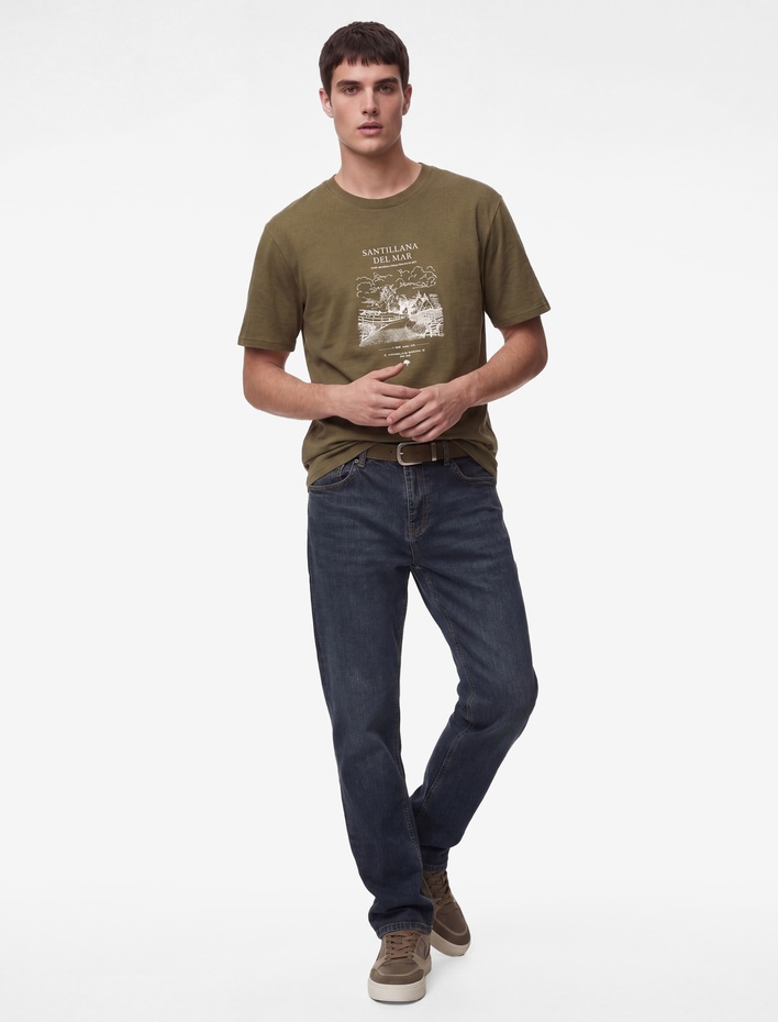  Pamuklu Kısa Kollu Bisiklet Yaka Baskılı Tişört