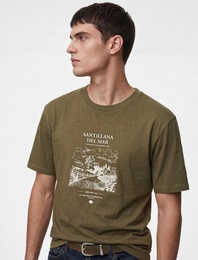 Pamuklu Kısa Kollu Bisiklet Yaka Baskılı Tişört