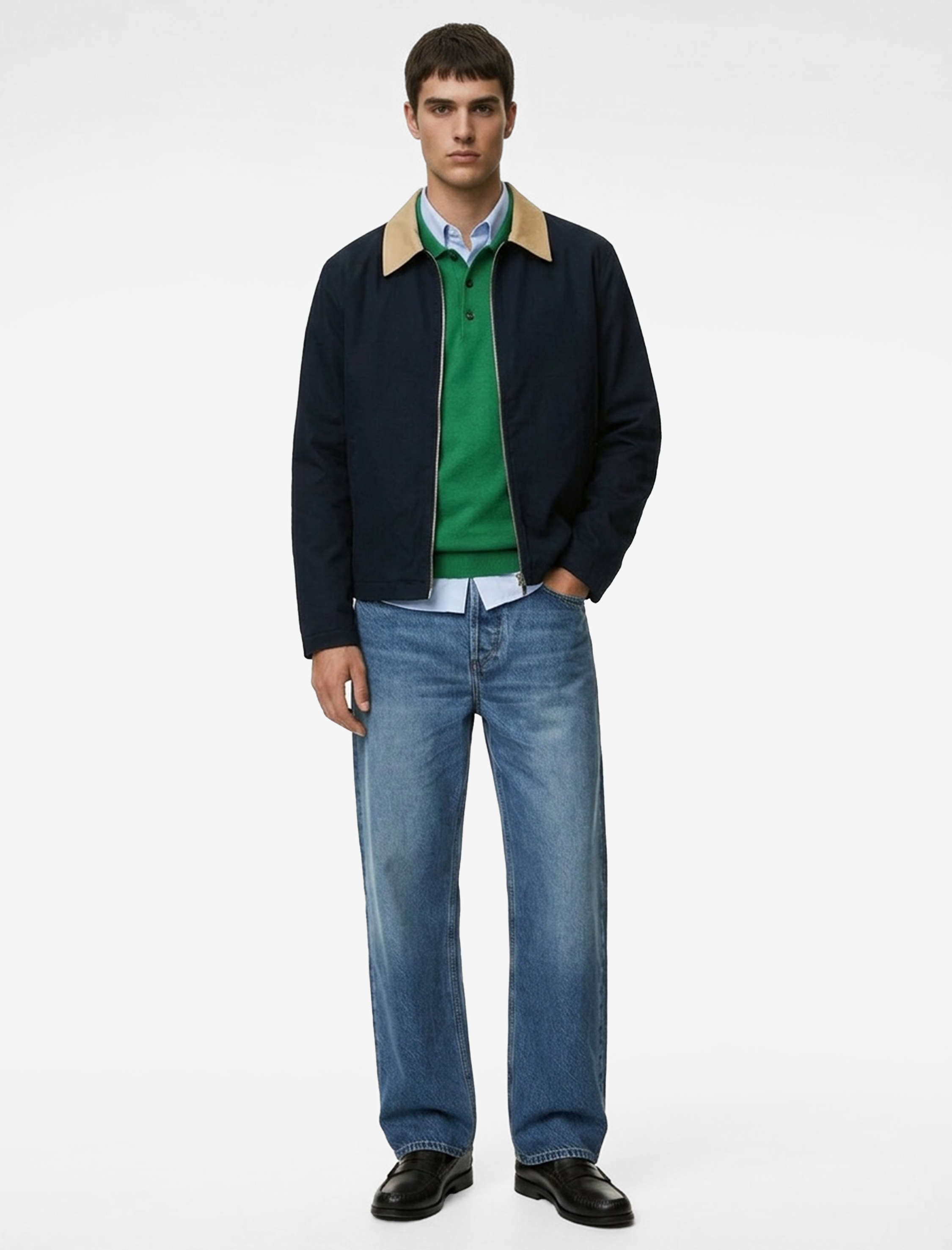   Regular Fit Uzun Kollu Renk Kontrastlı Gömlek Yaka Pamuklu Fermuarlı Gabardin Ceket