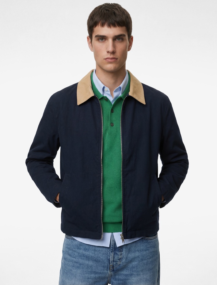  Regular Fit Uzun Kollu Renk Kontrastlı Gömlek Yaka Pamuklu Fermuarlı Gabardin Ceket