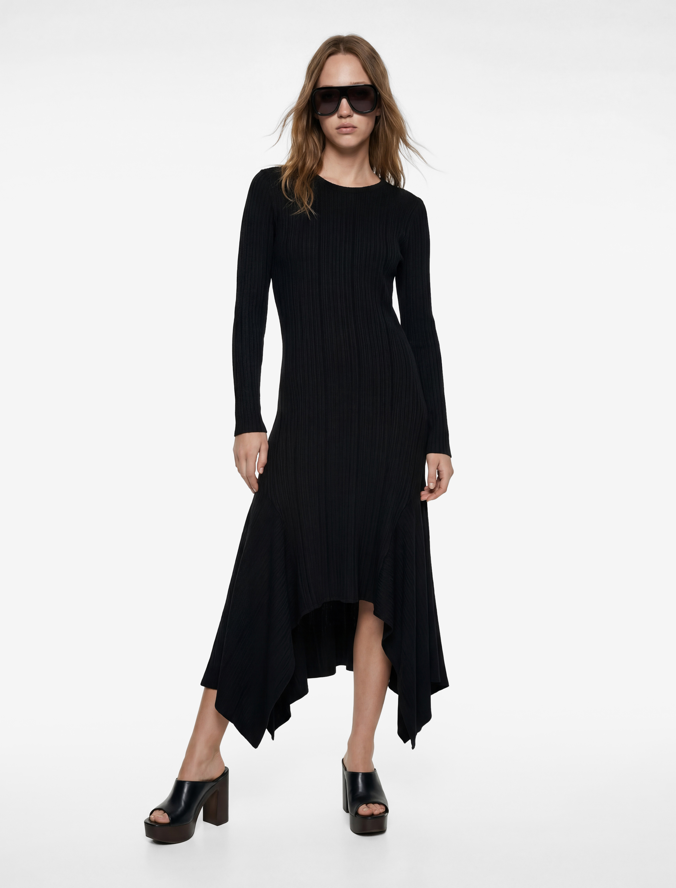 Rahat Kalıp Uzun Kollu Bisiklet Yaka Asimetrik Kesim Uzun Elbise - Görsel 2