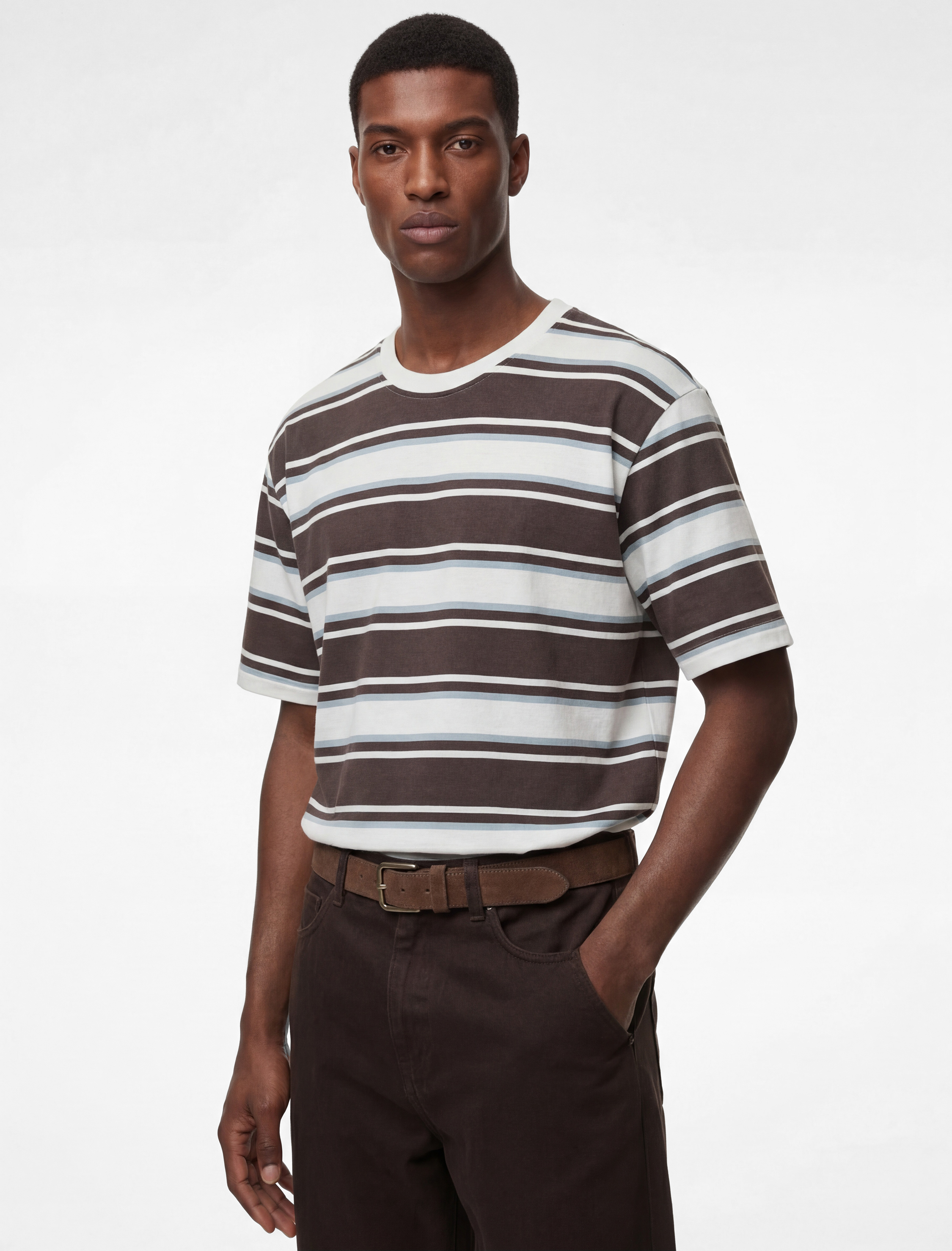   Oversize Kısa Kollu Bisiklet Yaka Çizgili Tişört