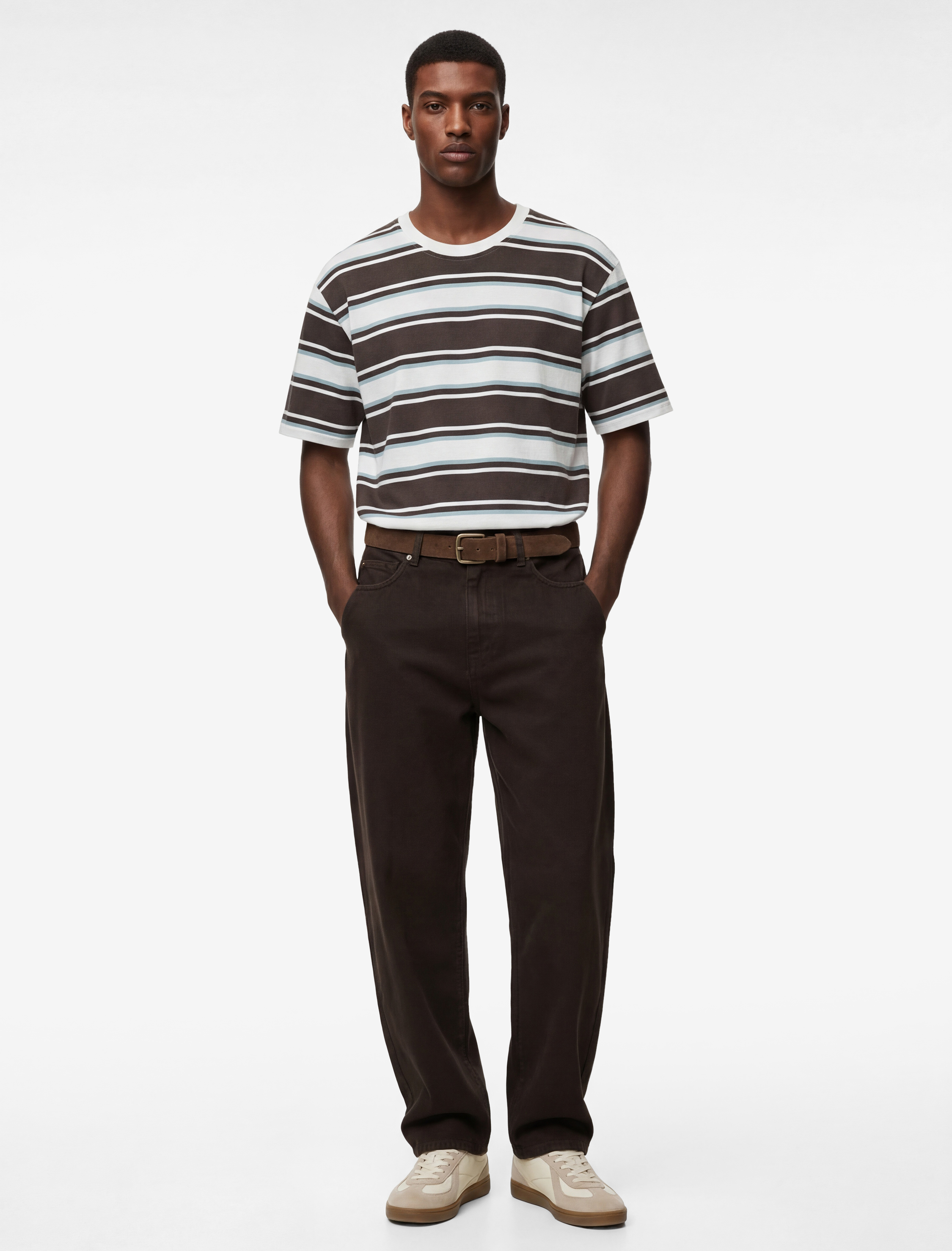   Oversize Kısa Kollu Bisiklet Yaka Çizgili Tişört