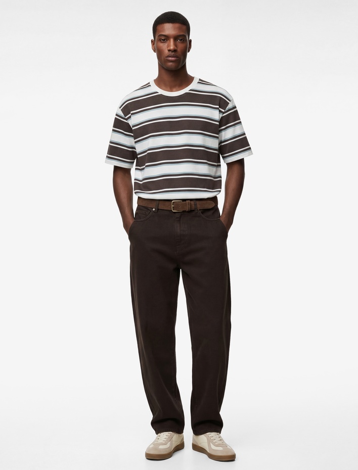  Oversize Kısa Kollu Bisiklet Yaka Çizgili Tişört