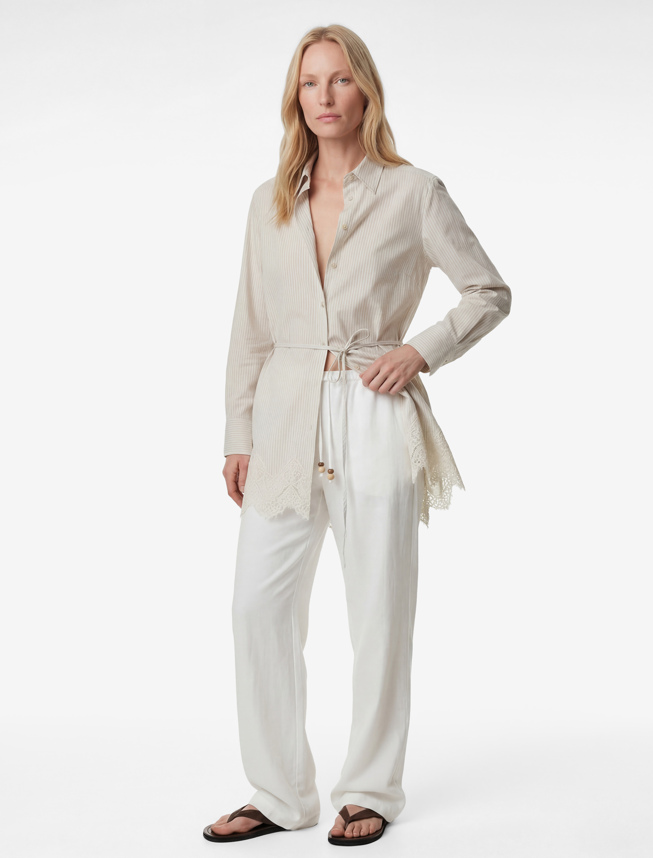   Dantel Detaylı Uzun Kollu Kemerli Çizgili Tunik Gömlek