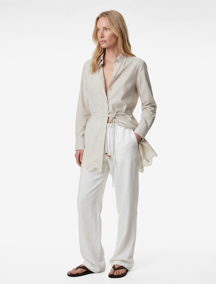  Dantel Detaylı Uzun Kollu Kemerli Çizgili Tunik Gömlek