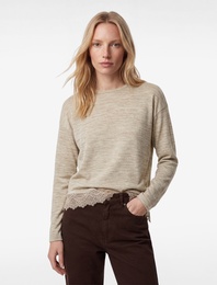 Bisiklet Yaka Uzun Kollu Asimetrik Kesim Dantel Detaylı Tişört