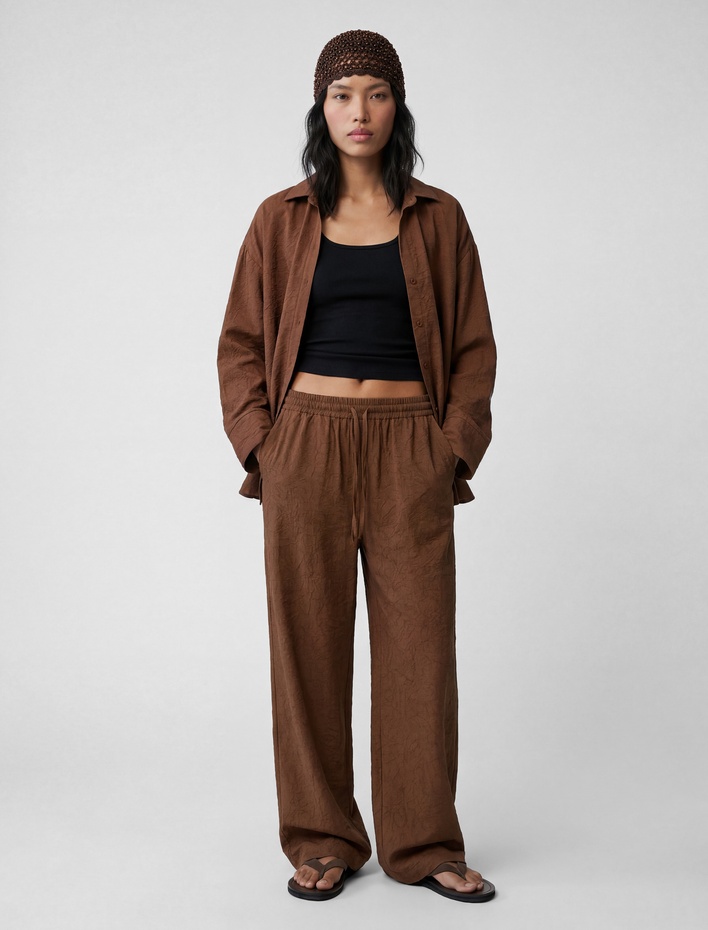  Modal Kumaş Beli Bağlamalı Dokulu Geniş Paça Pantolon