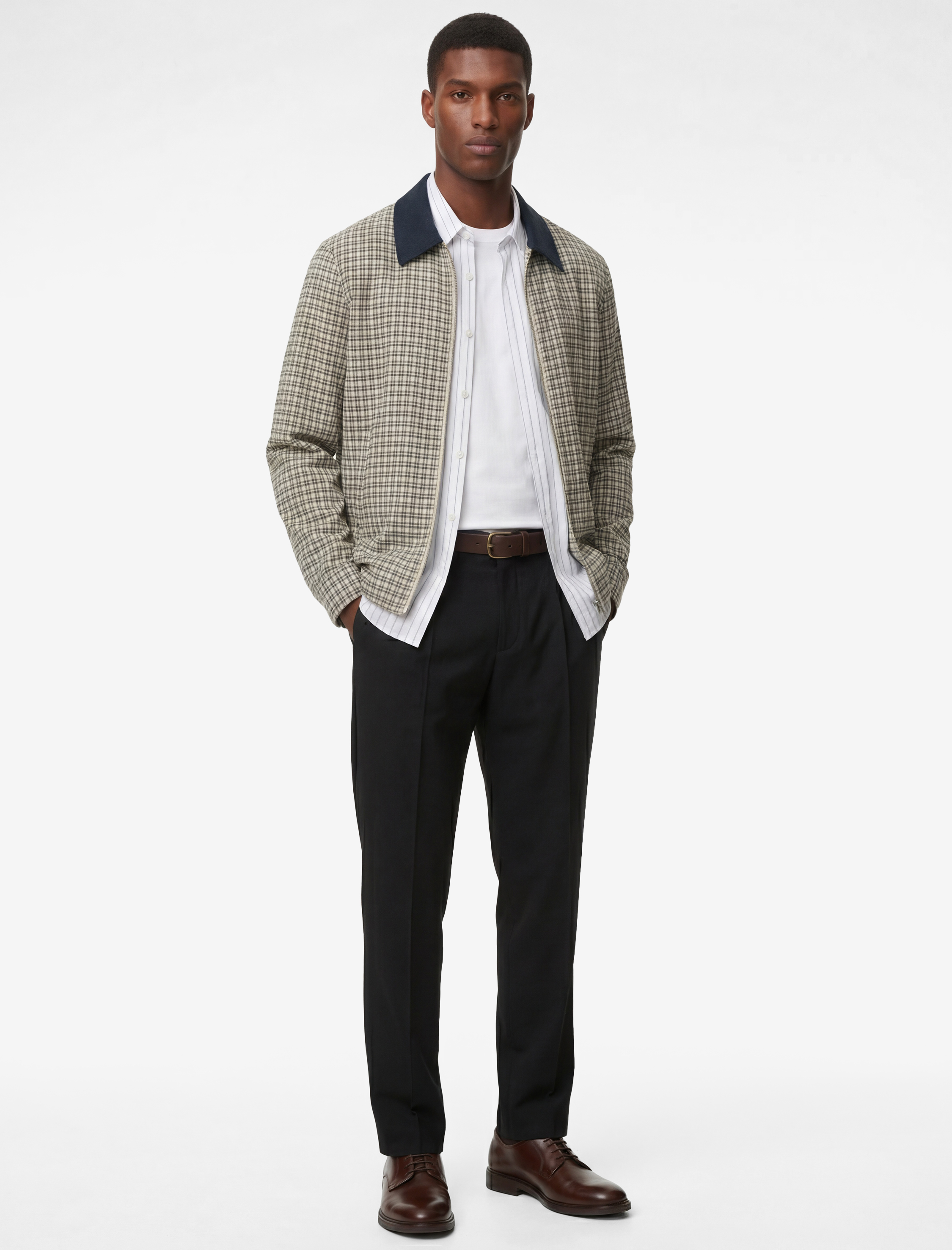   Uzun Kollu Viskon Karışımlı Desenli Cepli Renk Kontrastlı Gömlek Yaka Fermuarlı Ekoseli Bomber Ceket